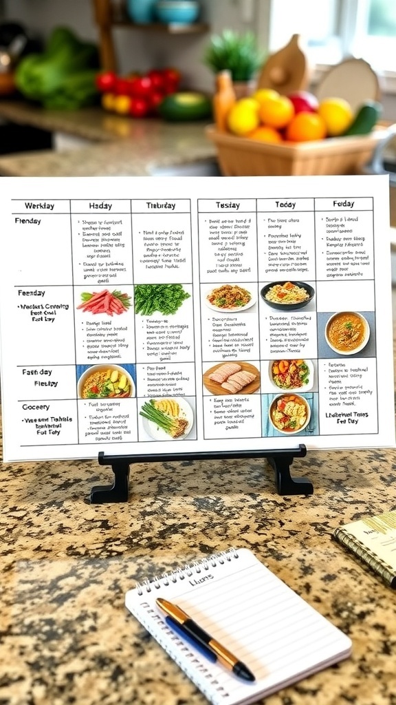 A vibrant weekly meal planner with fresh ingredients and organized meal sections.